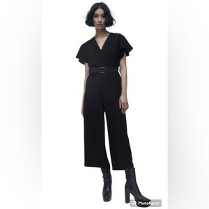 Zara Black Wide Leg Ruffled Short Sleeve Belted Women’s Jumpsuit size Large